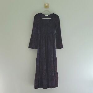 Molly Bracken Tiered Maxi Dress Small Blue Red Print Long Bell Sleeves Smocked